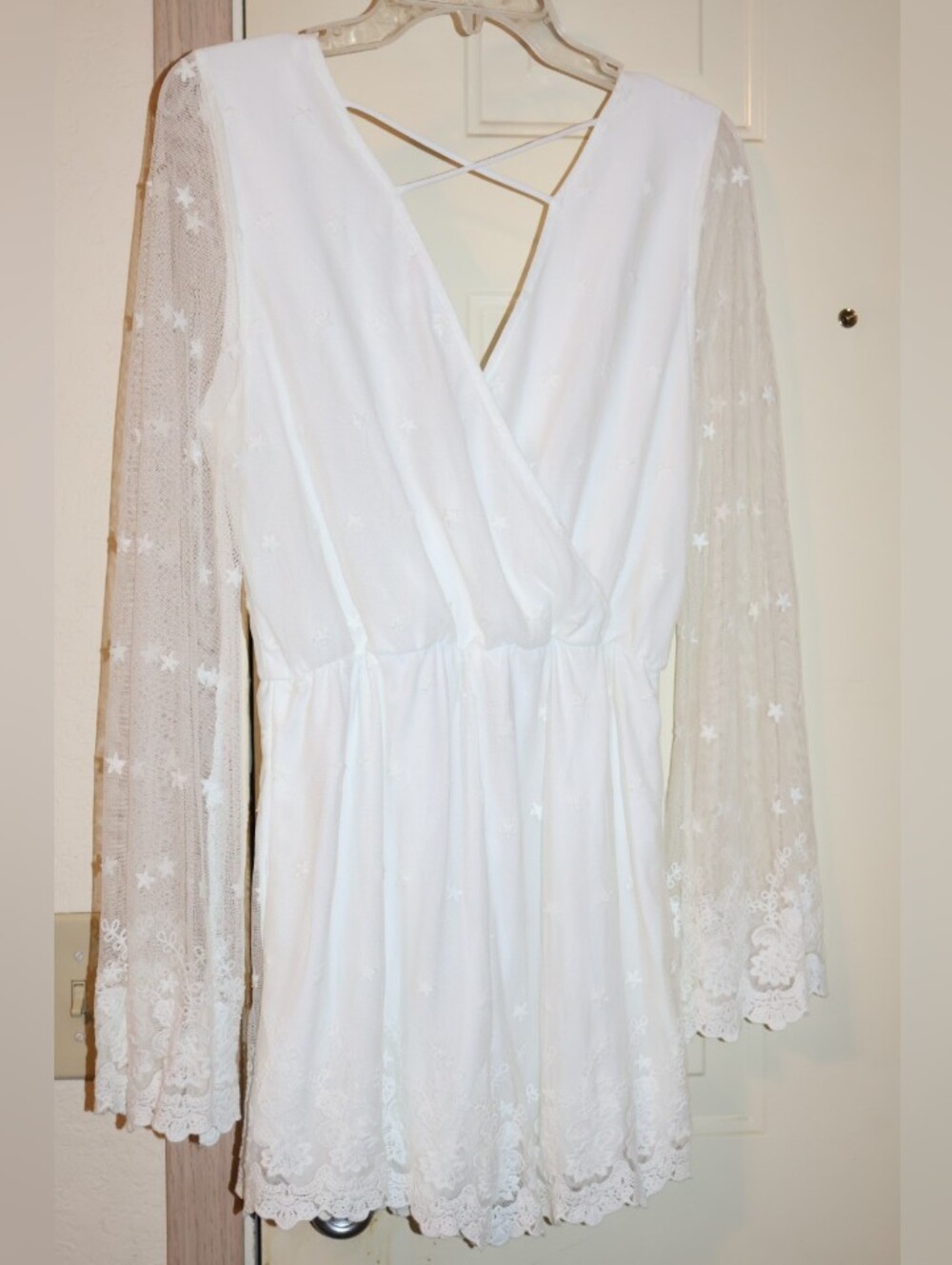 Gianni Bini White Lace Star Embroidered Long Bell-Sleeve Romper. - Picture 11 of 15
